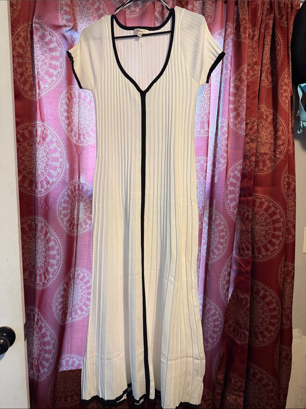 Lalavon Cream Maxi Dress with Black Trim — V-Neck Ribbed Maxi